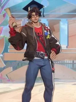 Peter Parker The Photographer Jacket from the Marvel Rivals video game Season 7.5 in dark brown leather with a bold hooded zip-up everyday build.