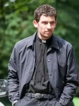 Wake Up Dead Man Josh O’Connor Jacket front view in professional black cotton with a luxury shirt style collar.