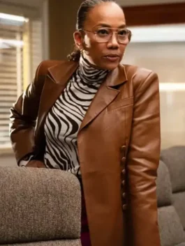 Will Trent S03 Amanda Wagner Leather Blazer highlighting professional fabric grain and luxury full length sleeves.