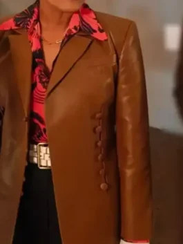 Will Trent S03 Amanda Wagner Leather Blazer front view in professional brown leather with luxury lapel collar.