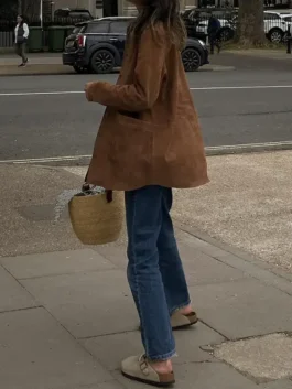 Bella Hadid Brown Suede Leather Jacket in warm brown suede with a sharp lapel collar and Bella Hadid's effortlessly cool everyday street style presence.