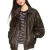 Womens Oversize Brown Leather Jacket featuring professional leather panels and luxury zipper and button closure.