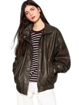 Womens Oversize Brown Leather Jacket featuring professional leather panels and luxury zipper and button closure.