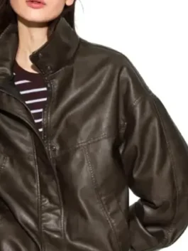 Womens Oversize Brown Leather Jacket front view highlighting professional finish and luxury side waist pockets.