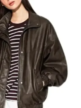 Womens Oversize Brown Leather Jacket side profile highlighting professional fabric grain and luxury full length sleeves.