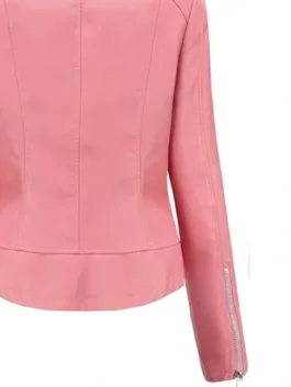 Womens Studded Pink Leather Jacket showcasing professional fabric grain and luxury full length zipper cuffs.