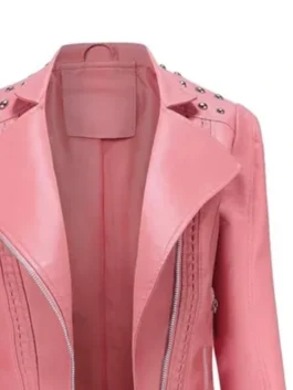 Womens Studded Pink Leather Jacket front view featuring professional leather and a luxury front zipper closure.