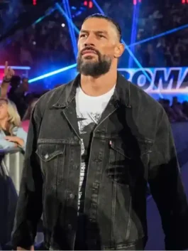 Roman Reigns Monday Night RAW 2026 Denim Jacket from WWE in commanding black denim with a sharp collar and a bold structured everyday fan silhouette.