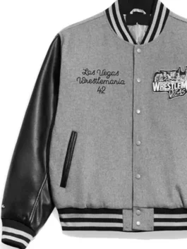 WWE WrestleMania 42 Vegas 2026 Varsity Jacket in striking grey and black with a wool body, leather sleeves and a sharp rib knitted collar varsity build.