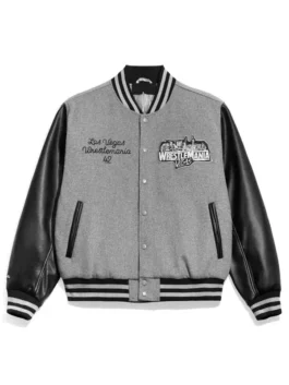 WWE WrestleMania 42 Vegas 2026 Varsity Jacket in grey and black wool with leather sleeves, rib knitted cuffs and bold WrestleMania 42 Las Vegas fan detailing.