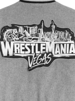 WWE WrestleMania 42 Vegas 2026 Varsity Jacket in grey and black wool with leather sleeves and the grandest stage of them all captured in one bold piece.