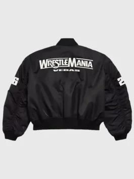 WWE XO Bomber Jacket back view in bold black polyester with a clean structured bomber silhouette and striking WWE x XO collab detailing throughout.