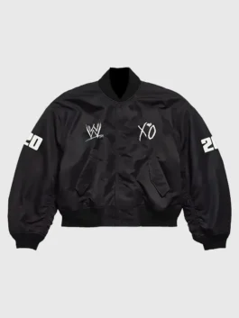 WWE XO Bomber Jacket in sleek black polyester with a rib knitted collar and the bold crossover energy of WWE and XO in one sharp bomber.