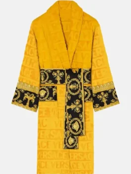 Yellow Versace Robe in professional finish with luxury side pockets and open hem cuffs.