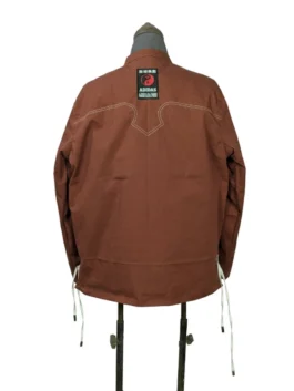 Full back view of the brown Adidas CLOT Chinese New Year track jacket featuring a decorative Western yoke and hanging hem drawstrings.
