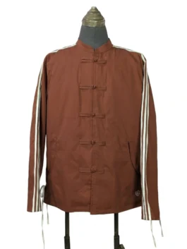 Front view of the brown Adidas CLOT Track Jacket by Edison Chen featuring vertical white rope 3-Stripes and traditional frog button fasteners.