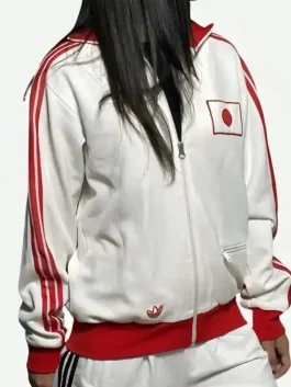 Rear look of Adidas Japan white red track jacket with triple sleeve stripes and Japan logo