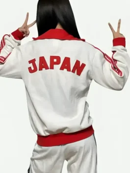 Back view of Adidas Japan white red track jacket with large Japan text and striped sleeves