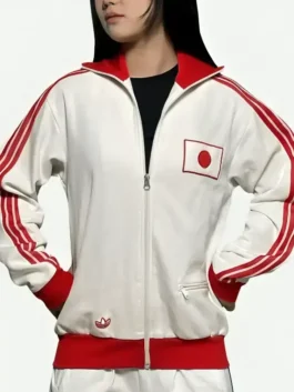 Front view of Adidas Japan white red track jacket with zipper closure and striped sleeves