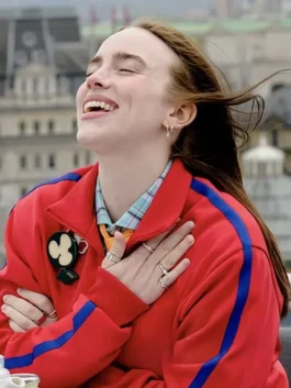 Billie Eilish Capital FM 2026 Red Track Jacket full look with modern red sporty style
