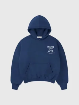 Front view of As Good As Any blue pullover hoodie with fleece fabric and pouch pocket
