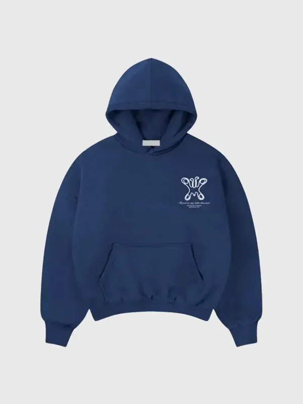Front view of As Good As Any blue pullover hoodie with fleece fabric and pouch pocket