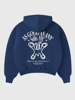 Back view of As Good As Any blue hoodie with large white graphic print and hooded design