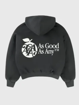 Back view of As Good As Any black hoodie with large printed logo and hooded design