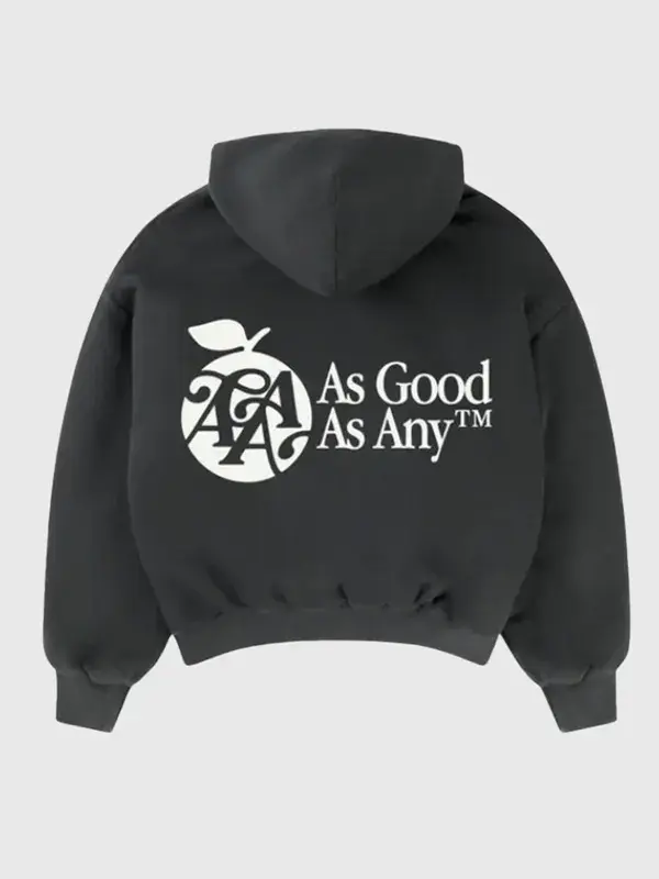 Back view of As Good As Any black hoodie with large printed logo and hooded design