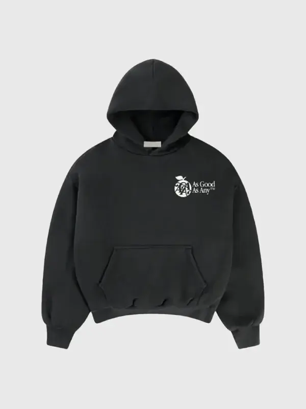 Front view of As Good As Any black pullover hoodie with fleece fabric and pouch pocket