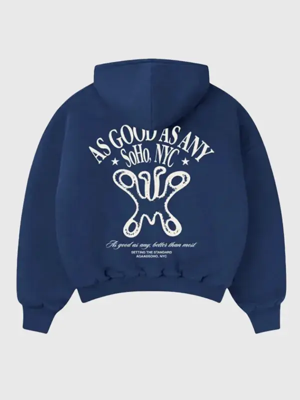 Back view of As Good As Any blue hoodie with large white graphic print and hooded design