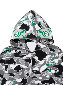 BAPE x Hidden STA Camo Tiger Hoodie close-up hooded view showing camo print and hood details