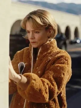 Beef S02 Carey Mulligan Brown Sherpa Jacket side view with warm sherpa detail