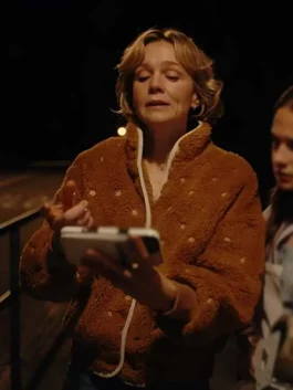 Beef S02 Carey Mulligan Brown Sherpa Jacket front view with soft collar