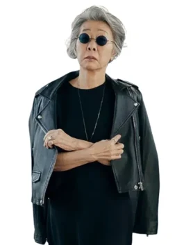 Beef S02 Youn Yuh-jung Black Leather Jacket front view with zipper closure