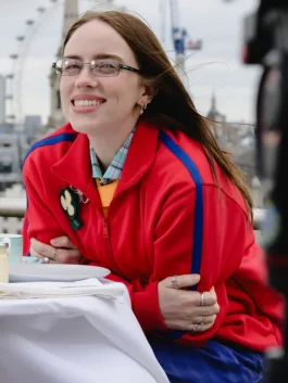 Billie Eilish Capital FM 2026 Red Track Jacket front view with sporty zipper design