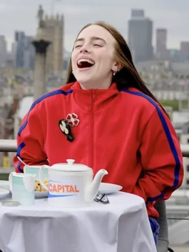 Billie Eilish Capital FM 2026 Red Track Jacket close up showing zipper and fabric texture
