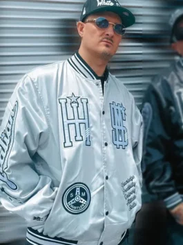Cookin Soul Italian Hustler Silver Varsity Jacket front view with ribbed collar