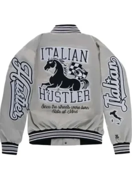Cookin Soul Italian Hustler Silver Varsity Jacket back view with neat stitching