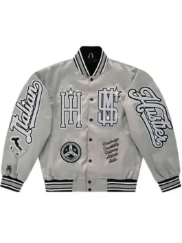 Cookin Soul Italian Hustler Silver Varsity Jacket full outfit look in silver