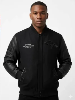 Denver Broncos Triple Black Wool Varsity Jacket View Look