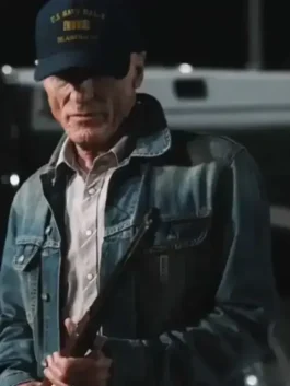 Dutton Ranch 2026 Ed Harris Denim Jacket front view showing collar, pockets, buttons, and denim design