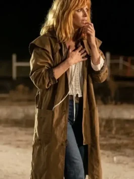 Dutton Ranch 2026 Kelly Reilly Brown Coat closure view showing front fastening and brown coat details