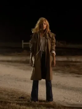 Dutton Ranch 2026 Kelly Reilly Brown Coat view look showing brown coat style, collar, and long fit