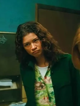 Zendaya Euphoria S03 Green Shirt Jacket collar and button close view