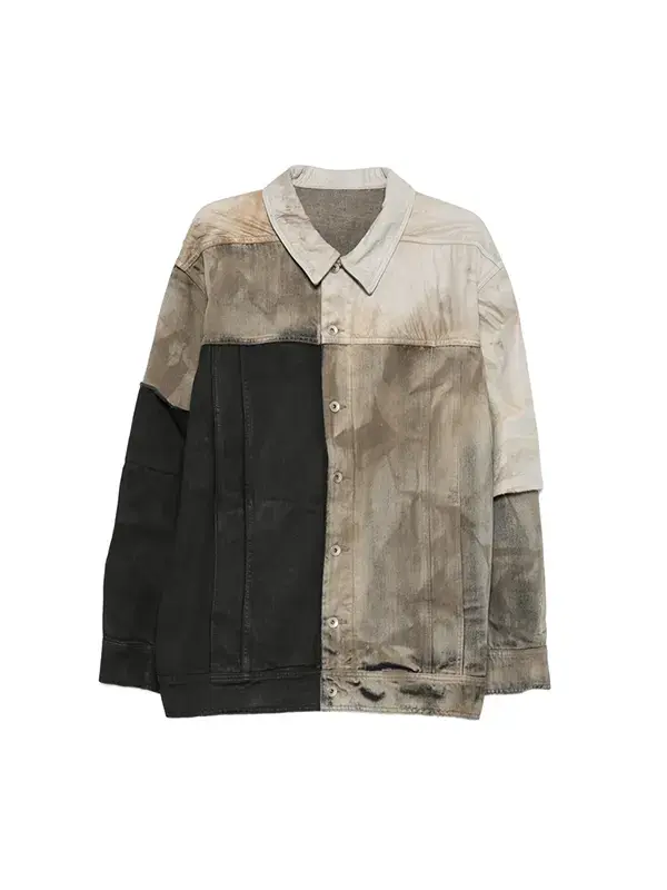 A distressed, multi-toned denim trucker jacket featuring an asymmetrical color-blocked design with panels of black, faded gray, and tan tie-dye patterns. Vin Diesel 2026 Trucker Jacket