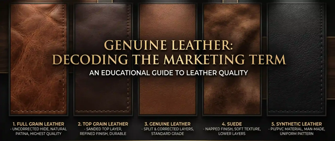 Leather Quality Comparison Chart Displaying Full Grain Top Grain Genuine Suede and Synthetic Swatches