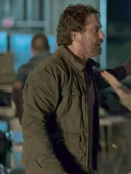 Greenland 2 Migration Gerard Butler Green Jacket side view with long sleeves and clean fit