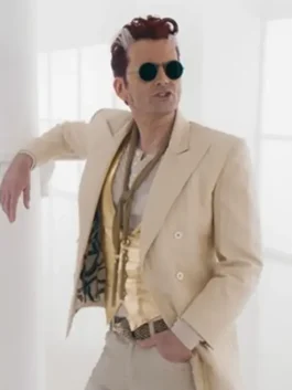 Good Omens S03 David Tennant Beige Blazer side view with tailored sleeves and slim fit