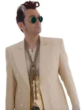 Good Omens S03 David Tennant Beige Blazer front view with neat lapel and button closure